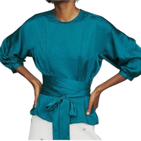 MAJE Lavana Self-Tie Crepe Blouse in Peacock Blue | Long Billow Sleeve Top Large - Picture 1 of 12